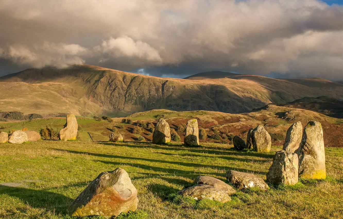 Photo wallpaper field, mountains, stones, rocks, boulders, Megalit