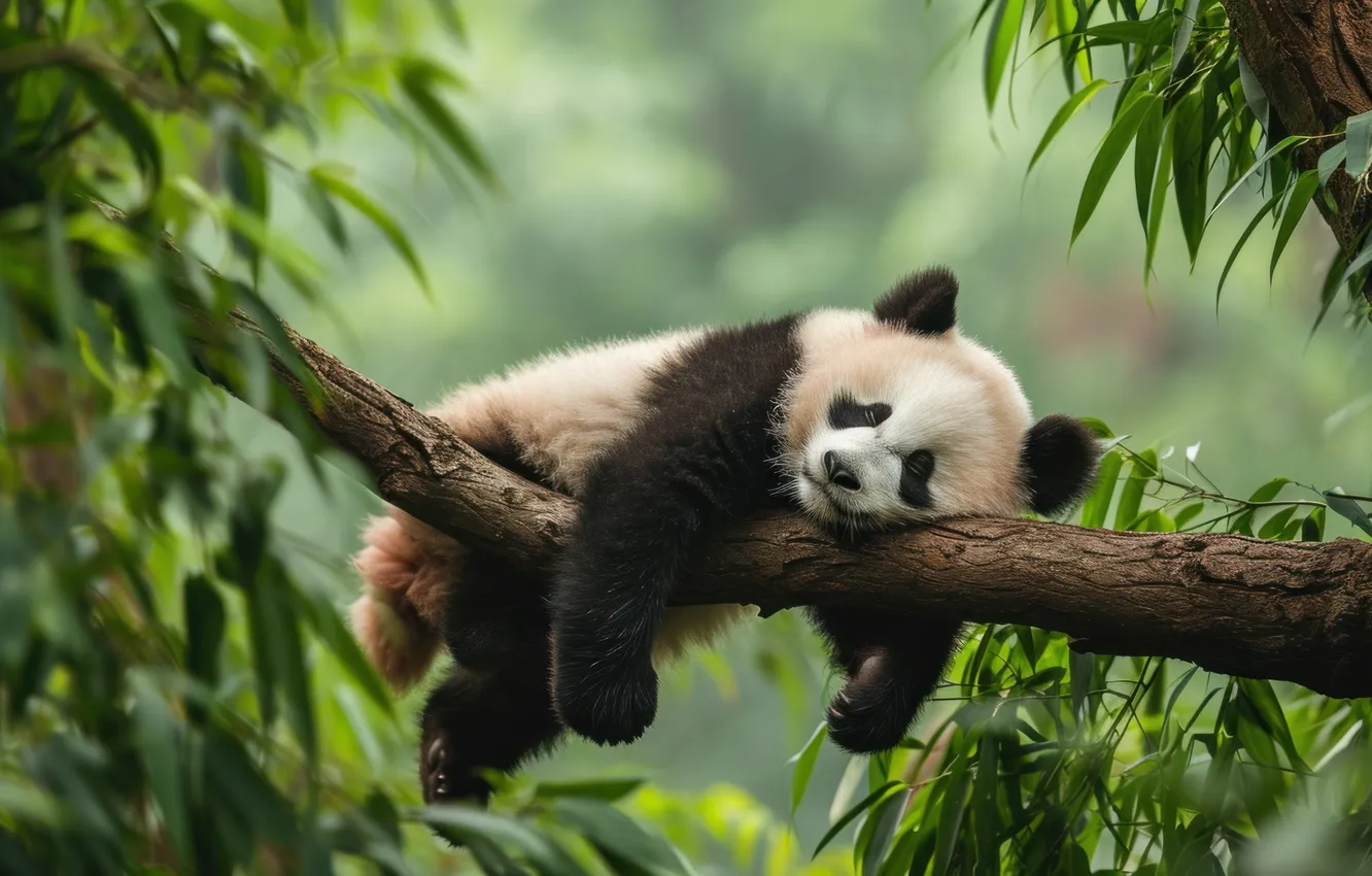 Photo wallpaper leaves, trees, nature, pose, sleep, bear, bear, Panda