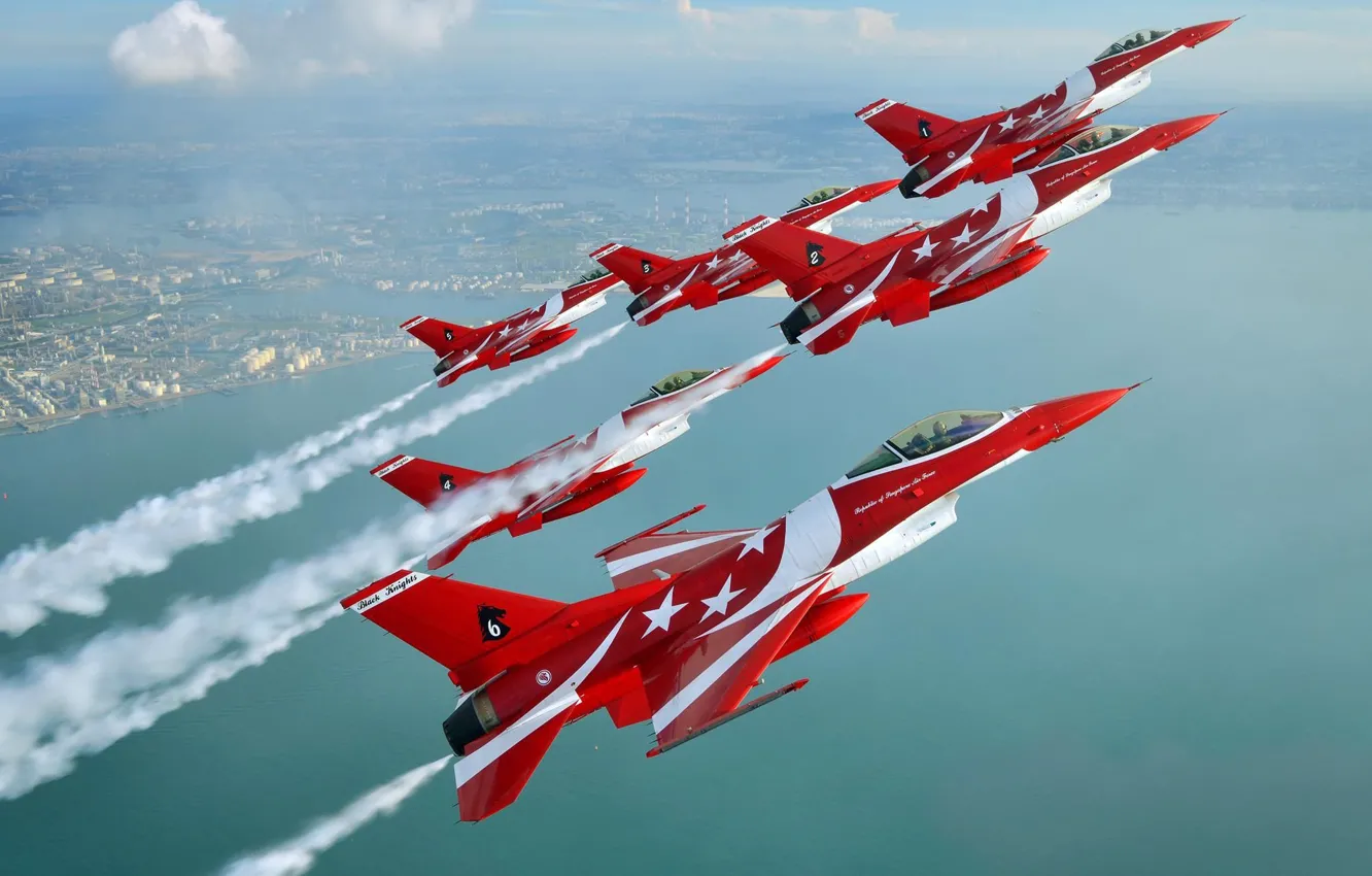 Photo wallpaper fighter, F-16, aerobatic team, F-16C, Of Singapore air force, The Black Knights, F-16C Fighting Falcon, …