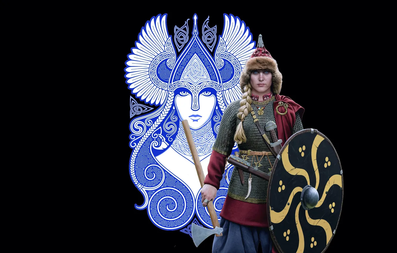 Photo wallpaper pattern, sword, axe, shield, warrior, mail, Valkyrie, tag