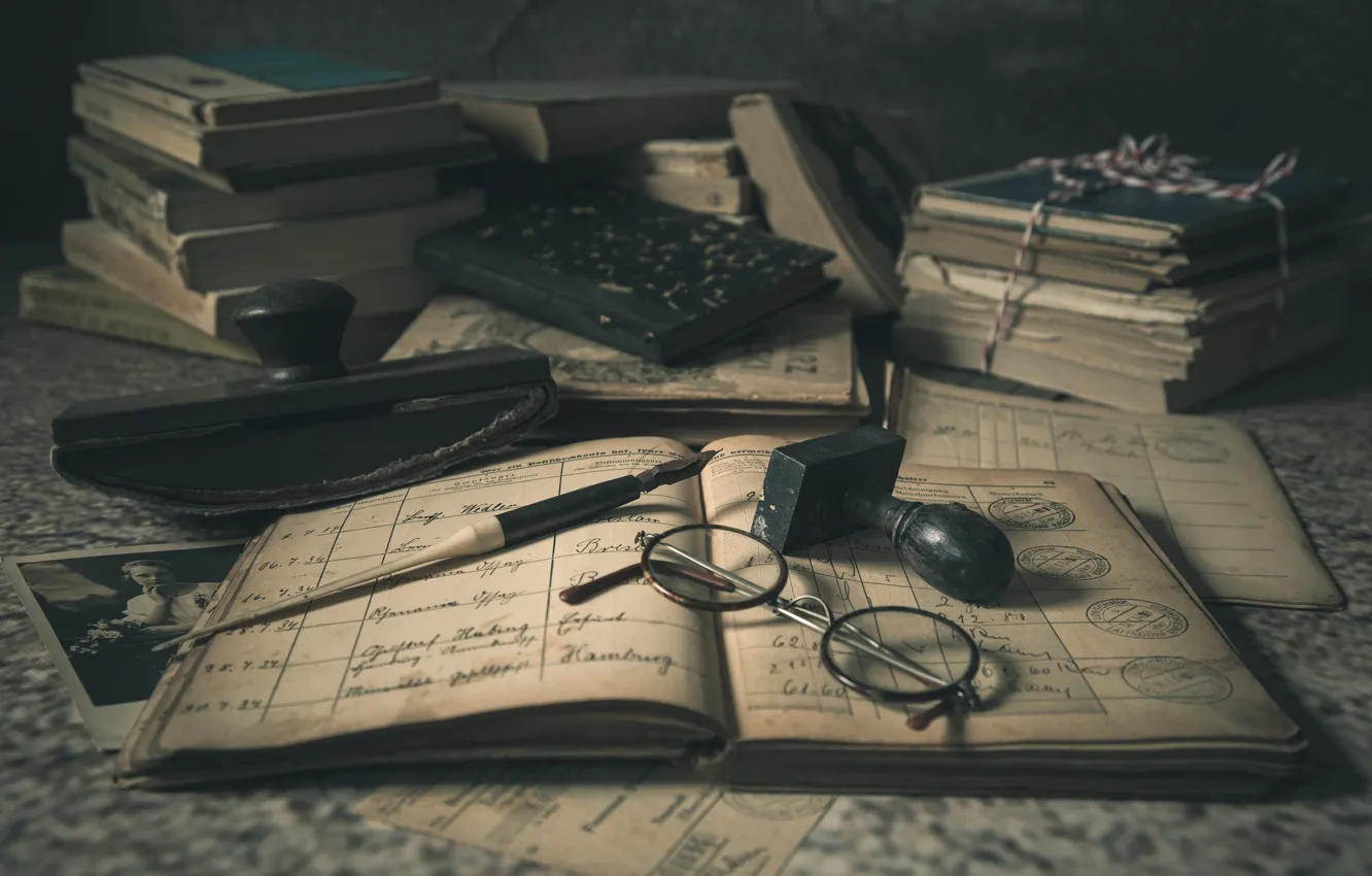 Photo wallpaper retro, feathers, glasses, old photo, book, records