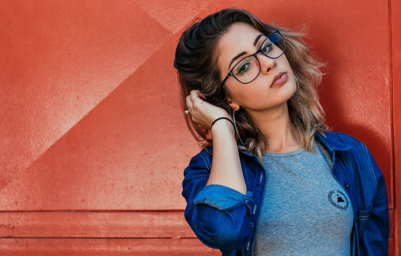 Photo wallpaper glasses, beautiful girl, femininity, denim jacket, grey t-shirt