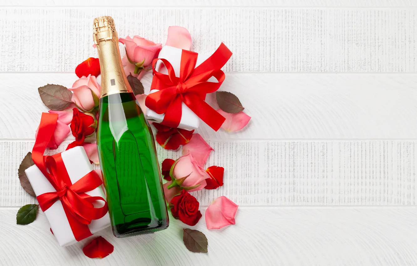 Photo wallpaper love, flowers, gift, romance, roses, love, champagne, happy