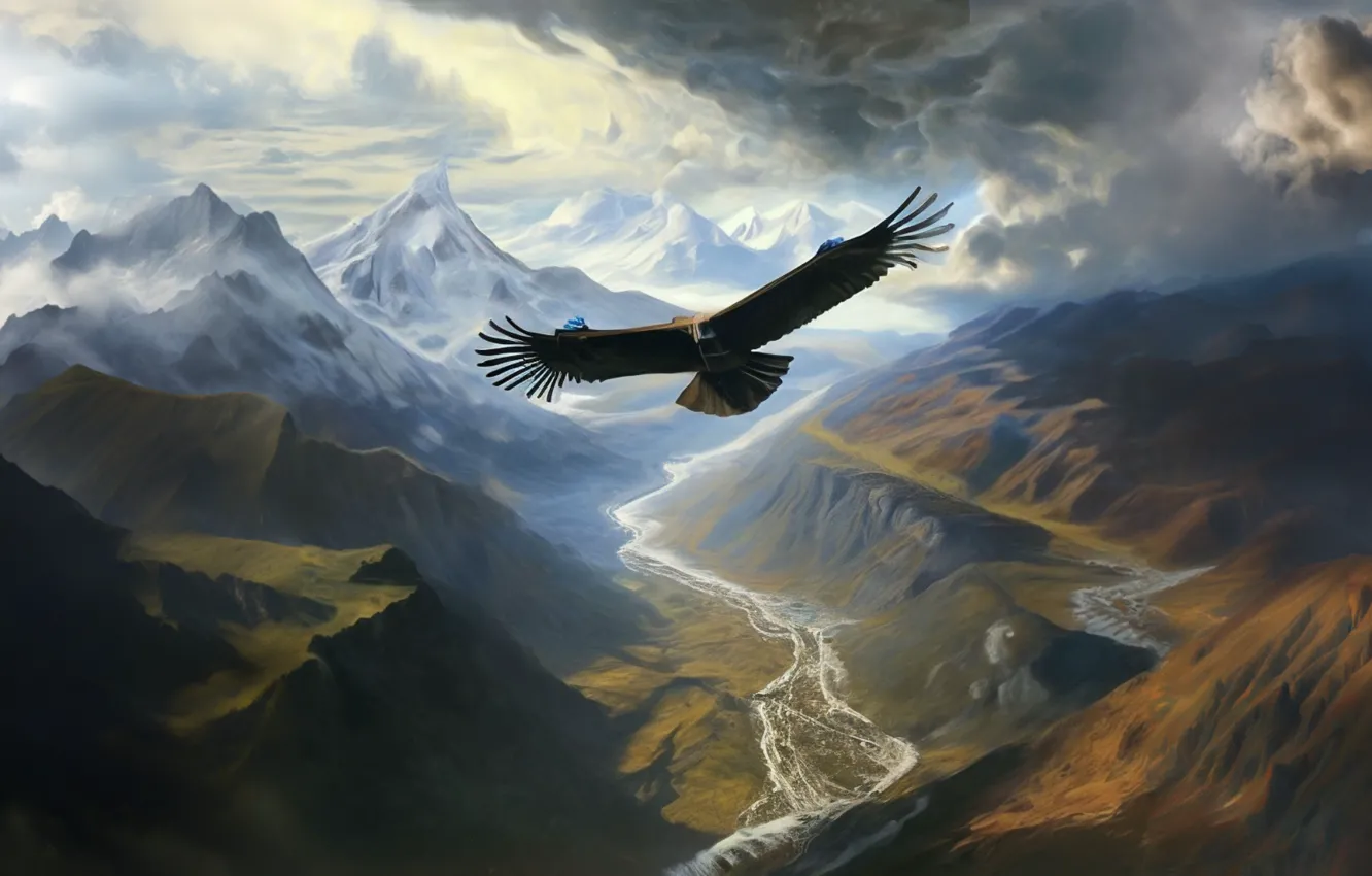 Photo wallpaper the sky, clouds, flight, landscape, mountains, nature, animal, bird
