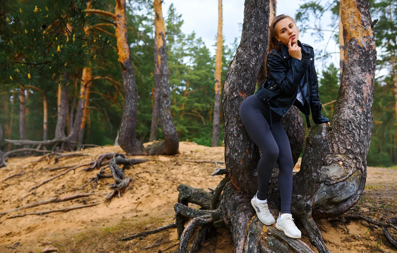 Photo wallpaper girl, trees, pose, jacket, nature, Sergey Bogatkov