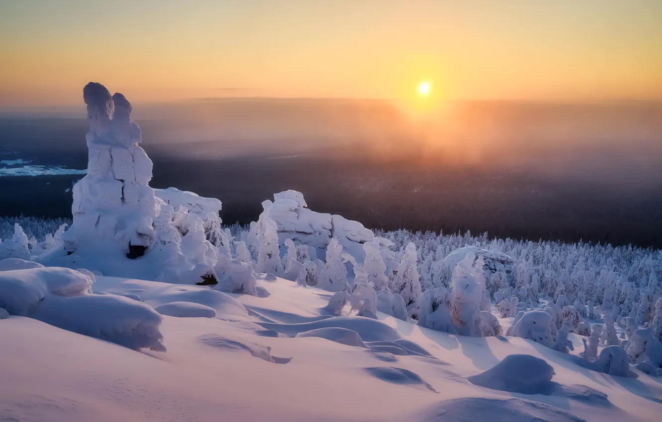 Photo wallpaper winter, the sun, snow, trees, landscape, mountains, nature, morning