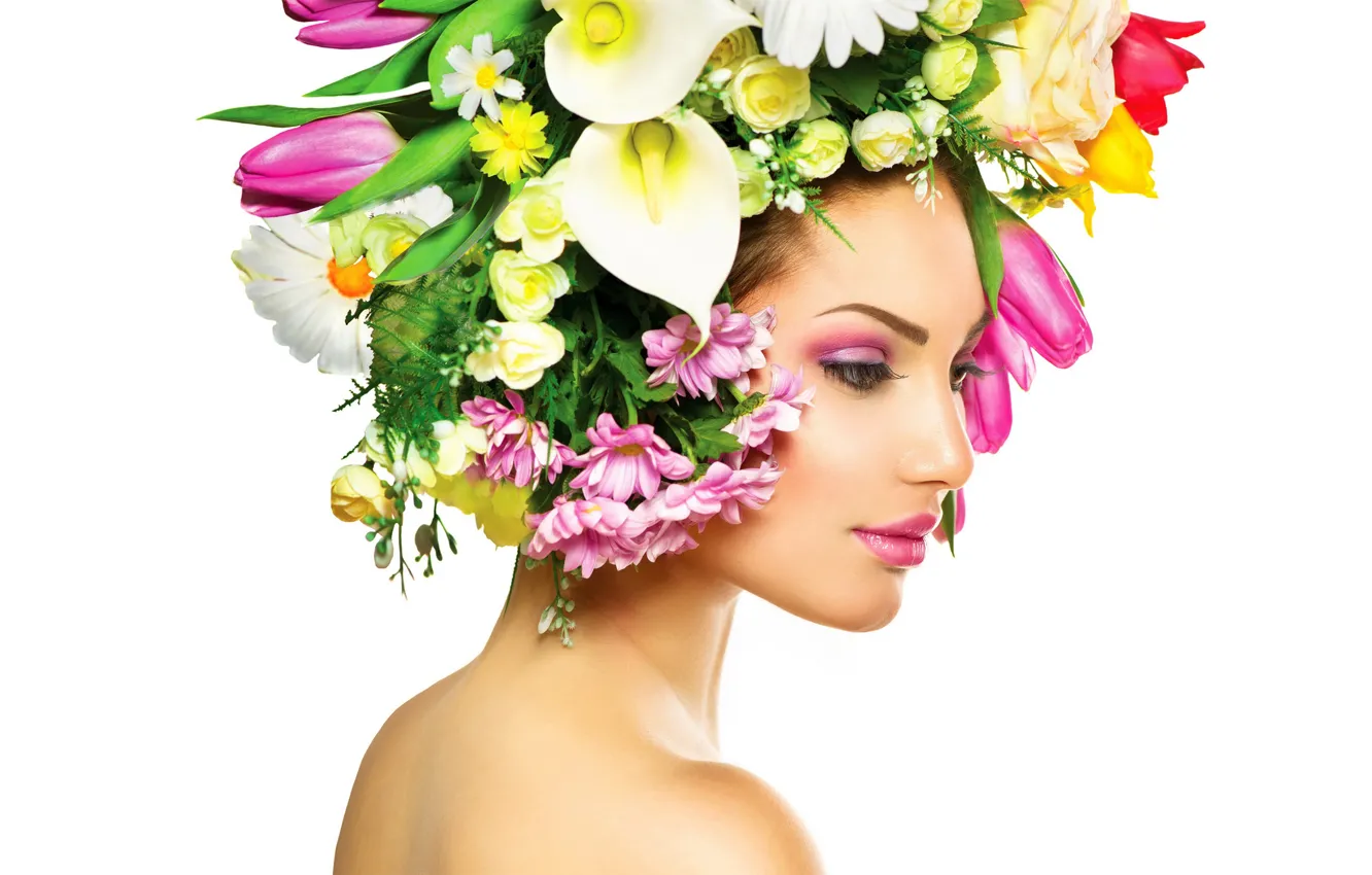 Photo wallpaper flowers, face, portrait, roses, makeup, tulips, white background, brown hair