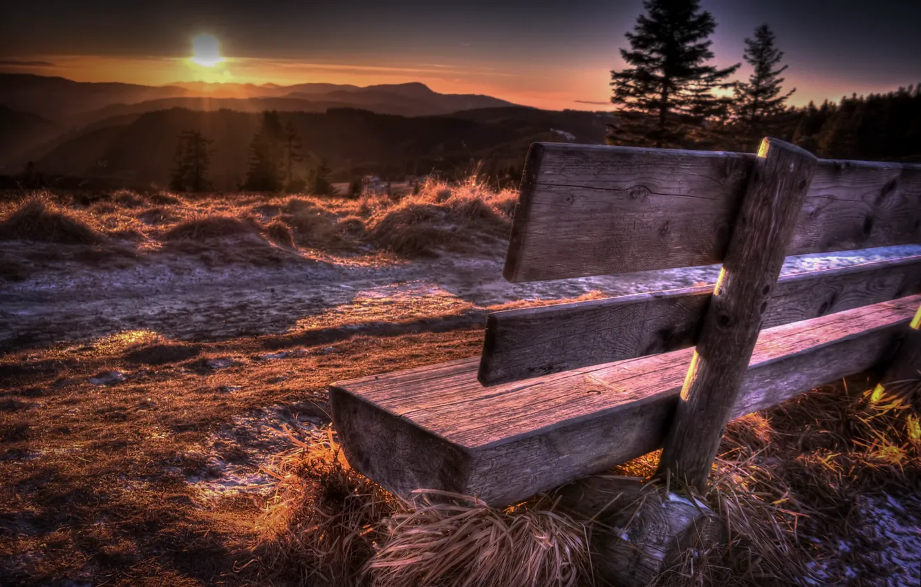 Photo wallpaper road, sunset, bench