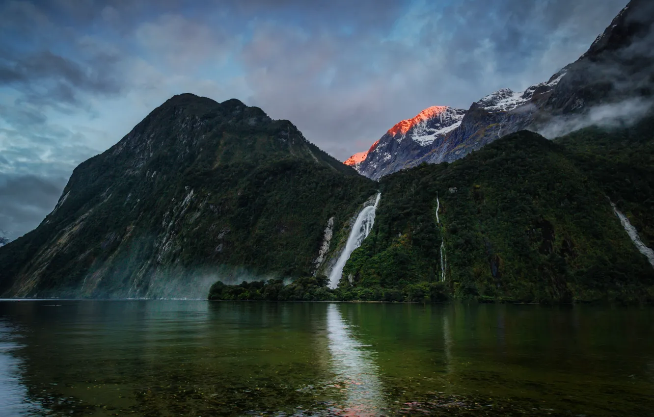 Photo wallpaper clouds, landscape, mountains, nature, New Zealand, waterfalls, Trey Ratcliffe