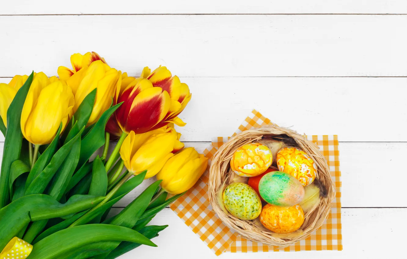 Photo wallpaper flowers, eggs, colorful, Easter, tulips, happy, yellow, wood