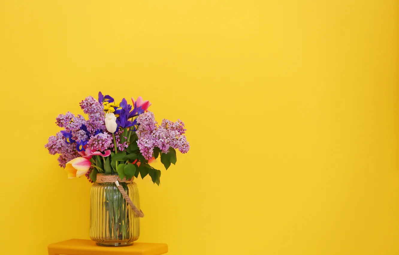 Photo wallpaper flowers, yellow, background, bouquet, tulips, vase, lilac