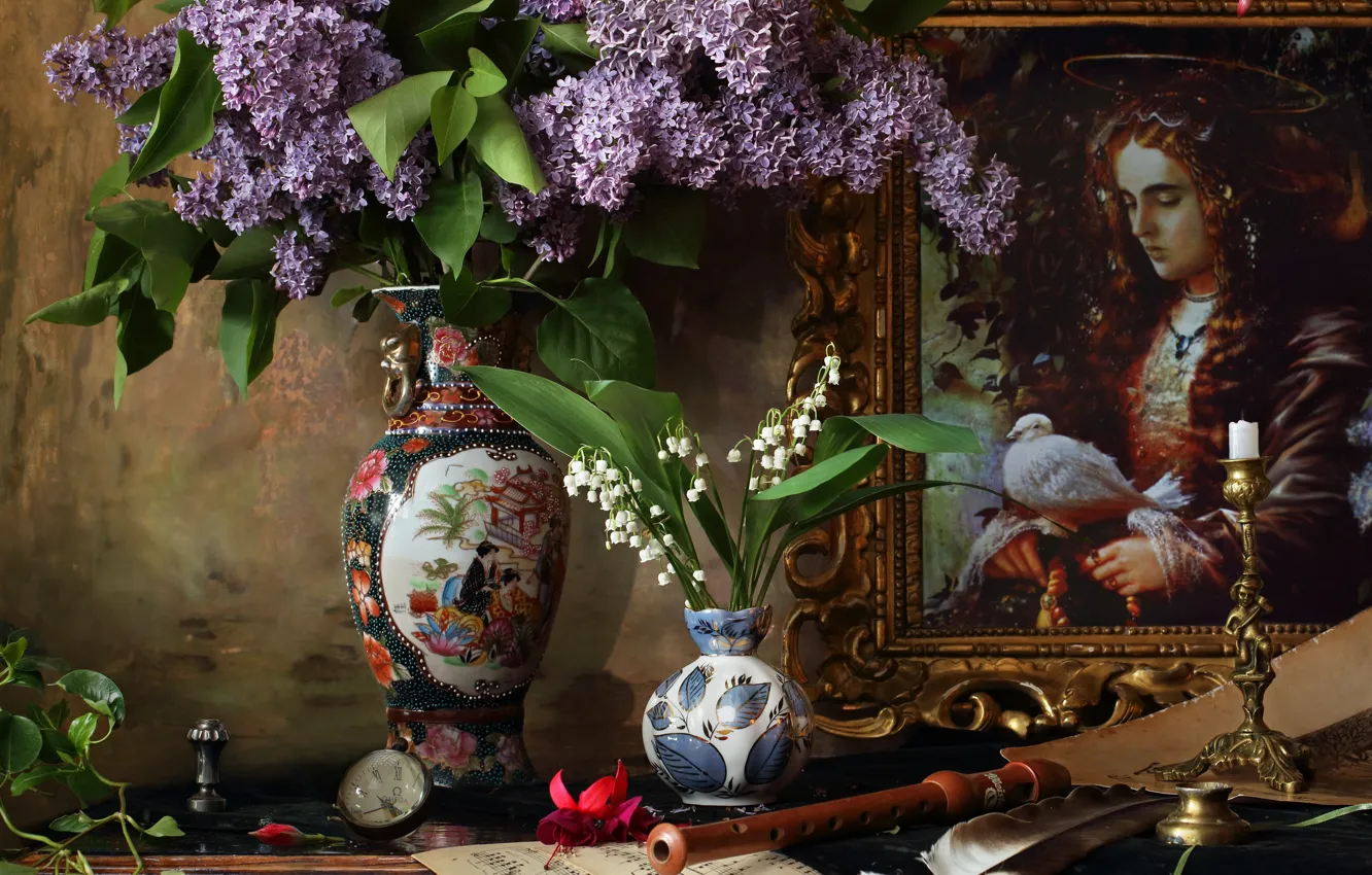 Photo wallpaper flowers, branches, notes, picture, vase, lilies of the valley, lilac, Dudka