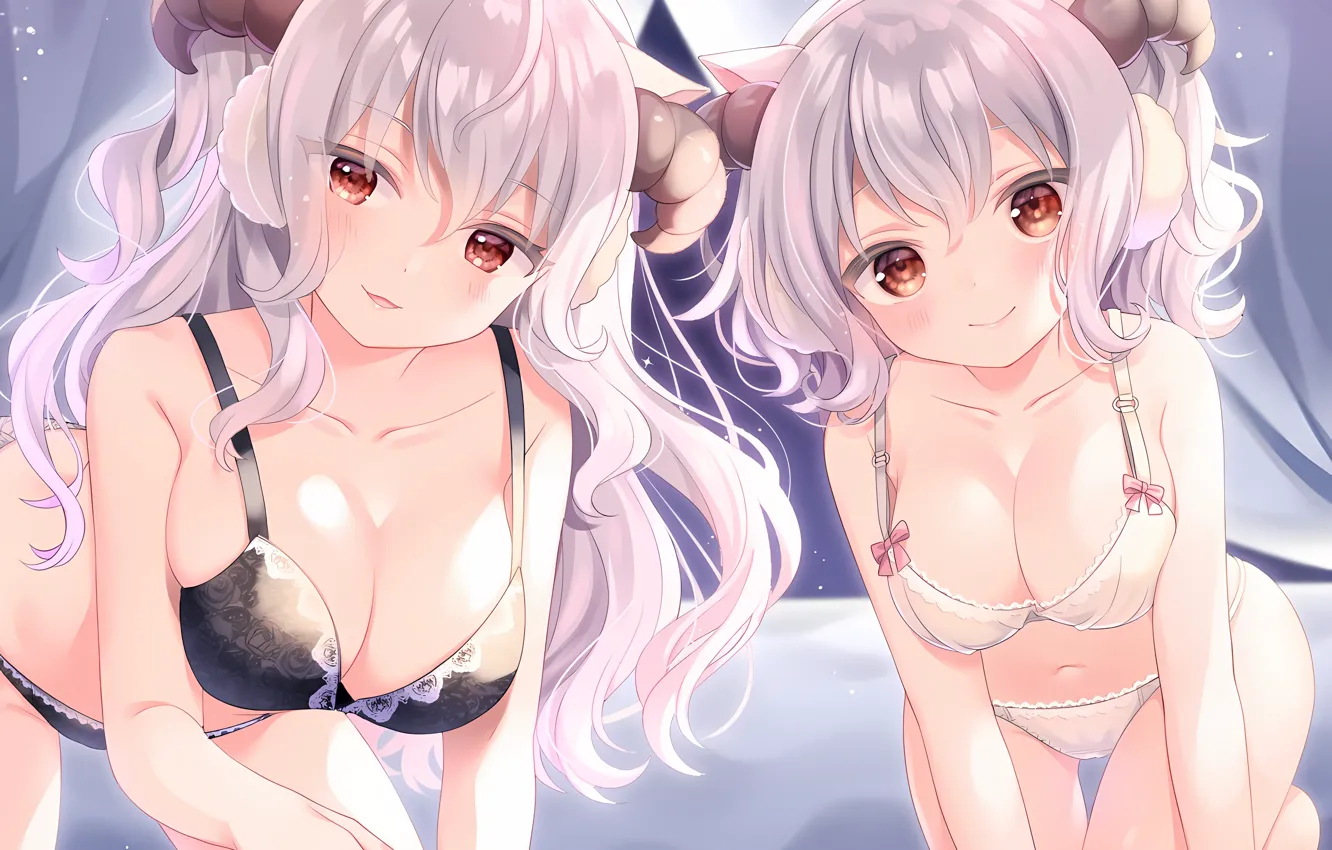 Photo wallpaper sexy, lingerie, pantsu, bra, cleavage, panties, horns, long hair