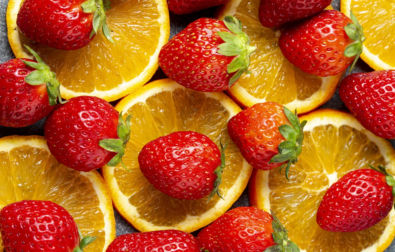 Photo wallpaper orange, strawberry, slices
