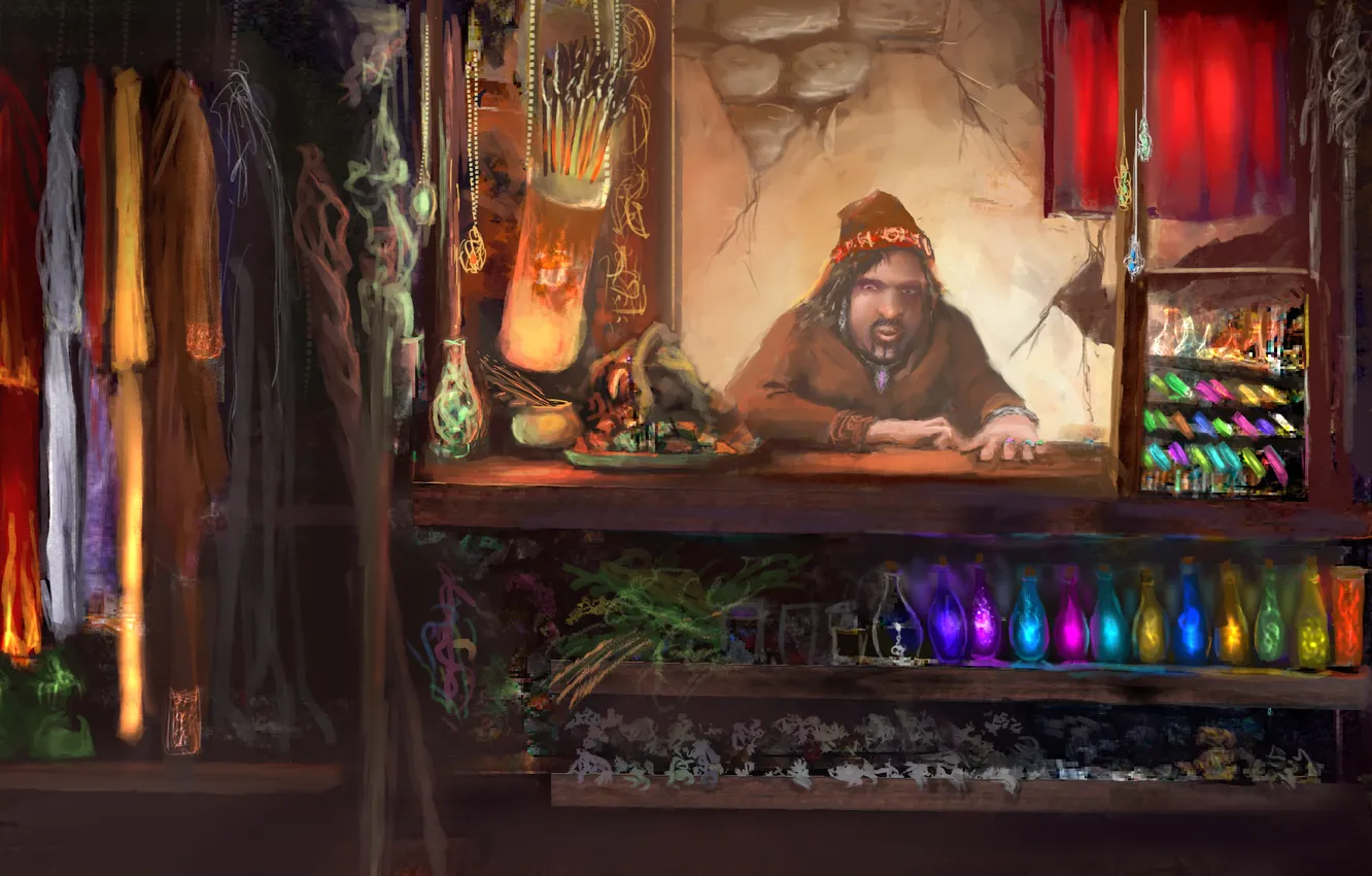 Photo wallpaper clothing, art, shop, products, the bottles, the counter, Dealer