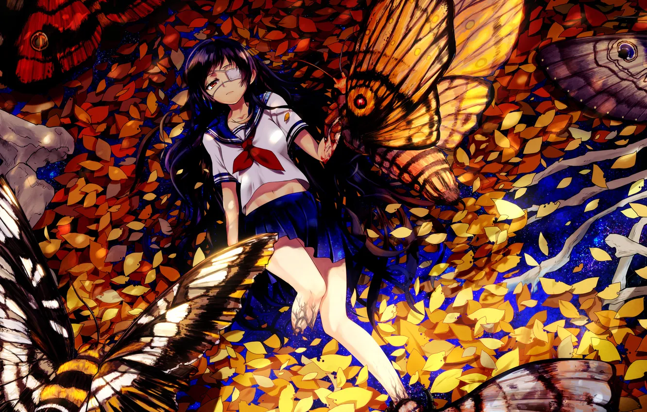 Photo wallpaper leaves, girl, pose, butterfly, lies, school uniform, art, eye patch