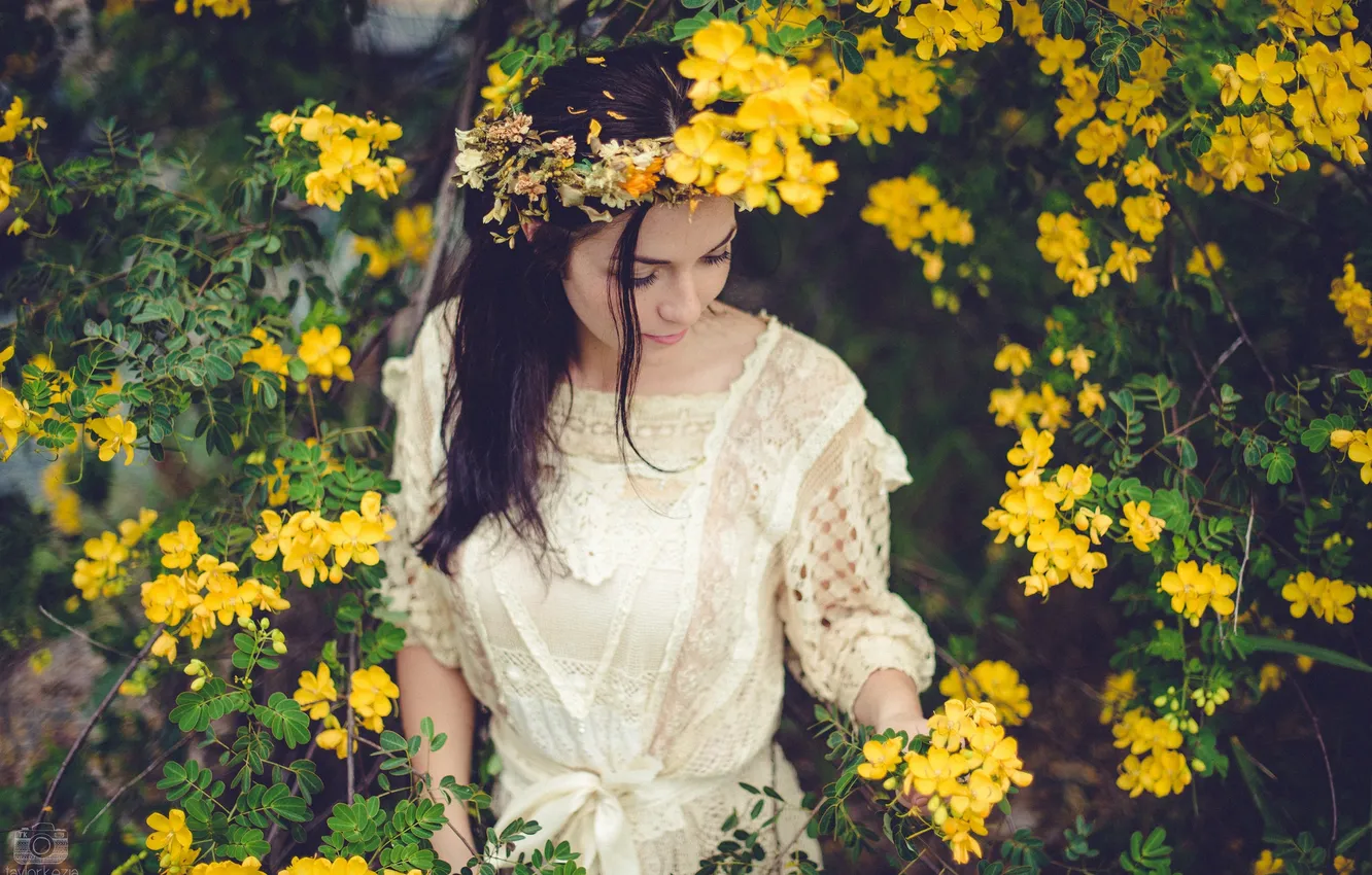 Photo wallpaper brunette, wreath, yellow petals, Cassie Eggert