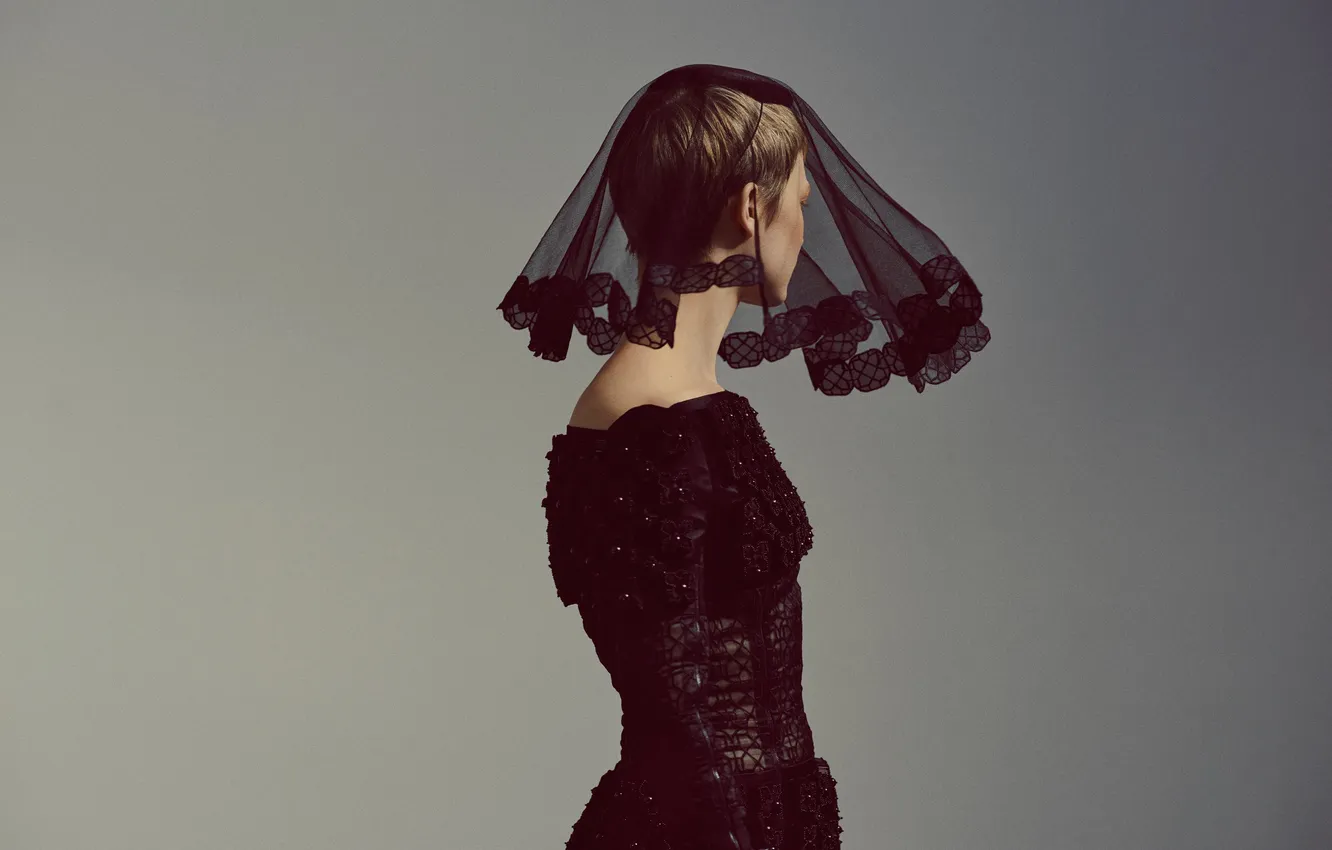 Photo wallpaper background, model, dress, actress, hairstyle, veil, in black, Flaunt