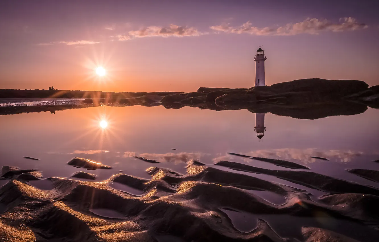 Photo wallpaper sea, the sky, the sun, clouds, sunset, stones, lighthouse
