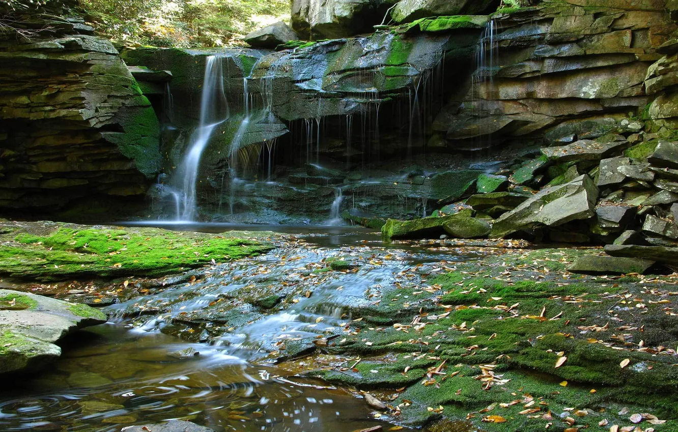 Photo wallpaper stones, waterfall, moss