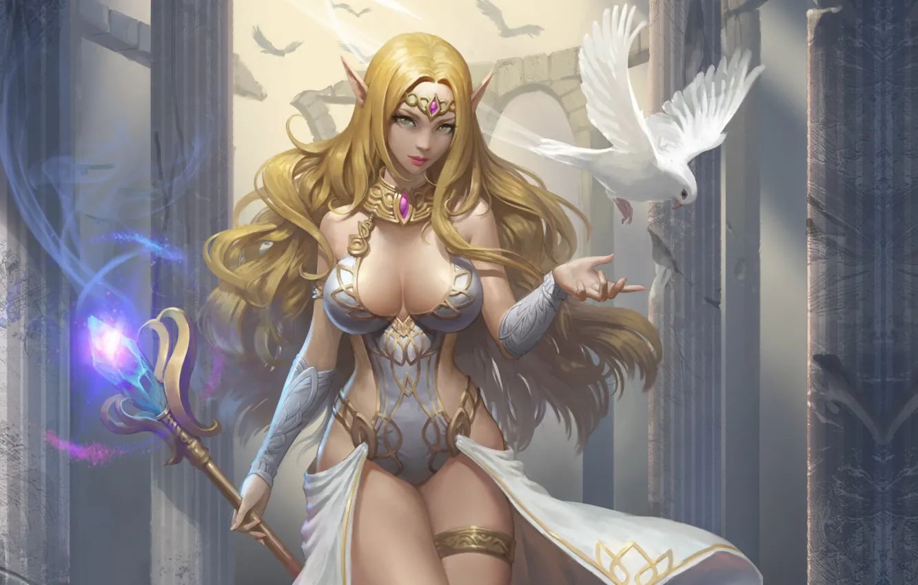 Photo wallpaper girl, elf, dove, art, fantasy, elf, healer, BumJin Kim