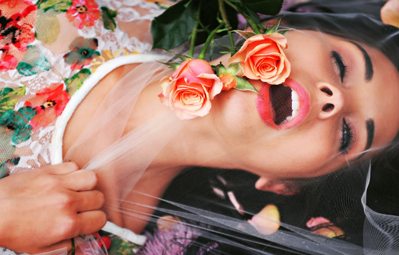 Photo wallpaper girl, flowers, emotions, mesh, model, roses, brunette, veil