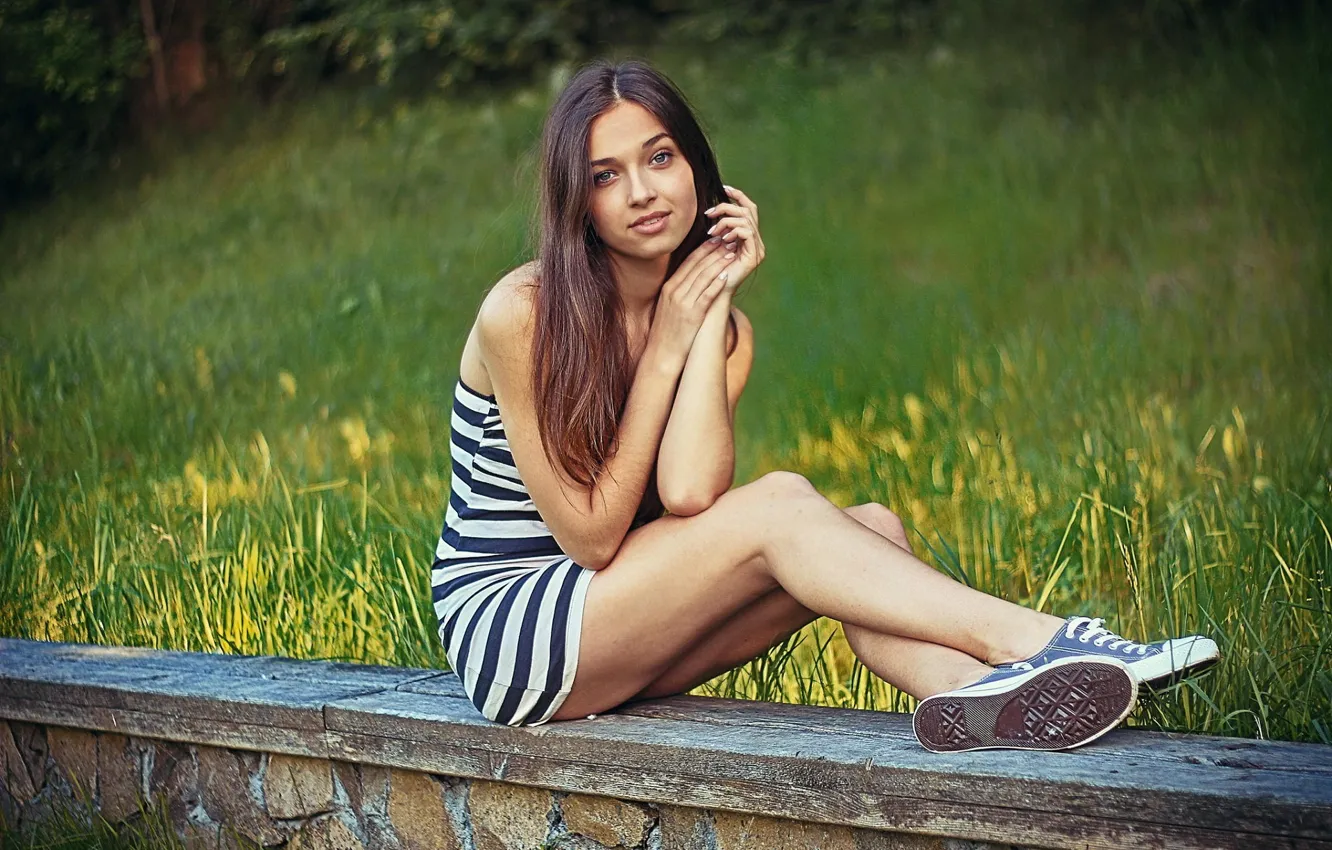 Photo wallpaper grass, girl, sneakers, dress, girl, grass, beautiful, dress