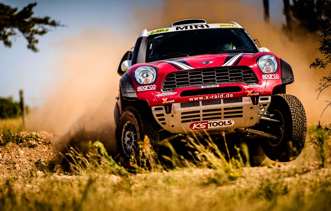 Photo wallpaper auto, red, race, sport, speed, Mini, dust, SUV