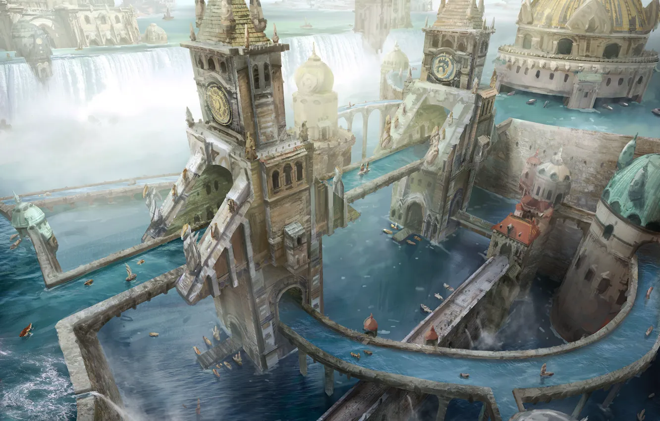 Photo wallpaper people, waterfall, boats, The city, tower, river, Magic the Gathering - Wizards of the Coast
