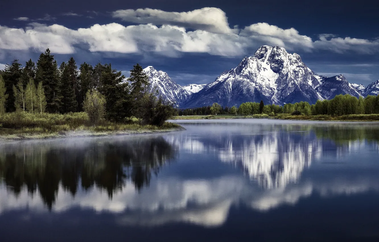 Photo wallpaper clouds, trees, mountains, river