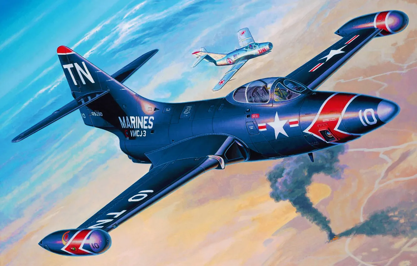 Photo wallpaper war, art, painting, jet, Grumman F9F Panther, avaition