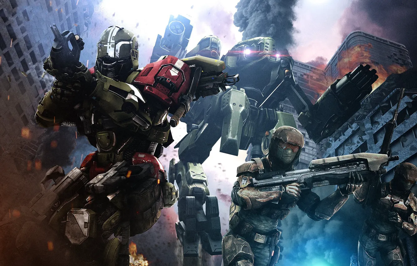 Photo wallpaper the city, weapons, robot, Halo 5: Guardians