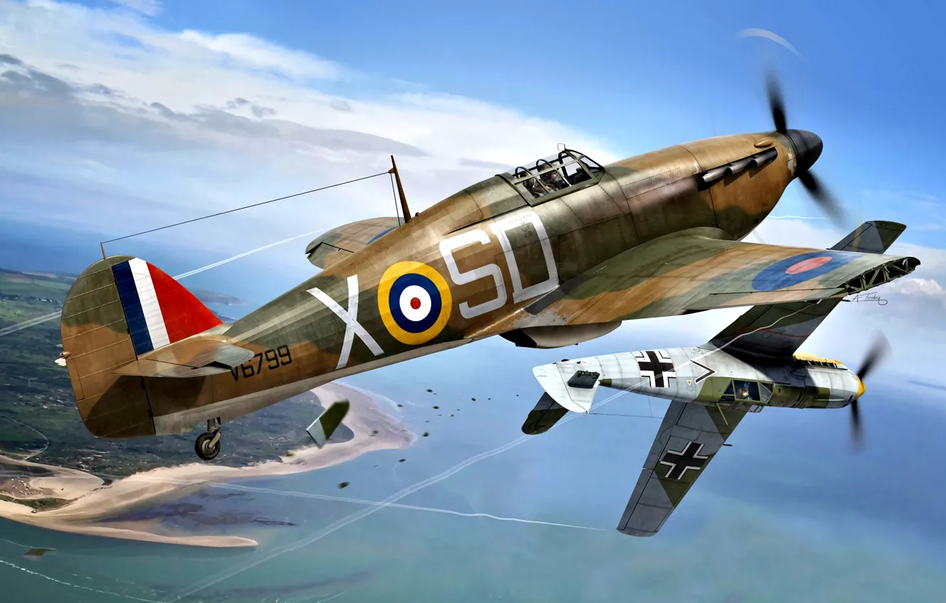 Photo wallpaper Taran, Messerschmitt, Battle of Britain, WWII, Hawker Hurricane Mk.I, military aircraft, Bf. 109E-4
