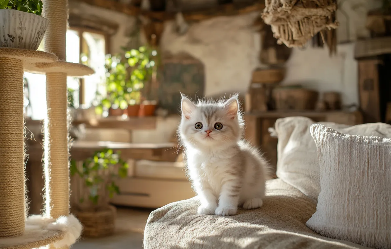 Photo wallpaper cat, look, light, pose, room, furniture, bed, shadow