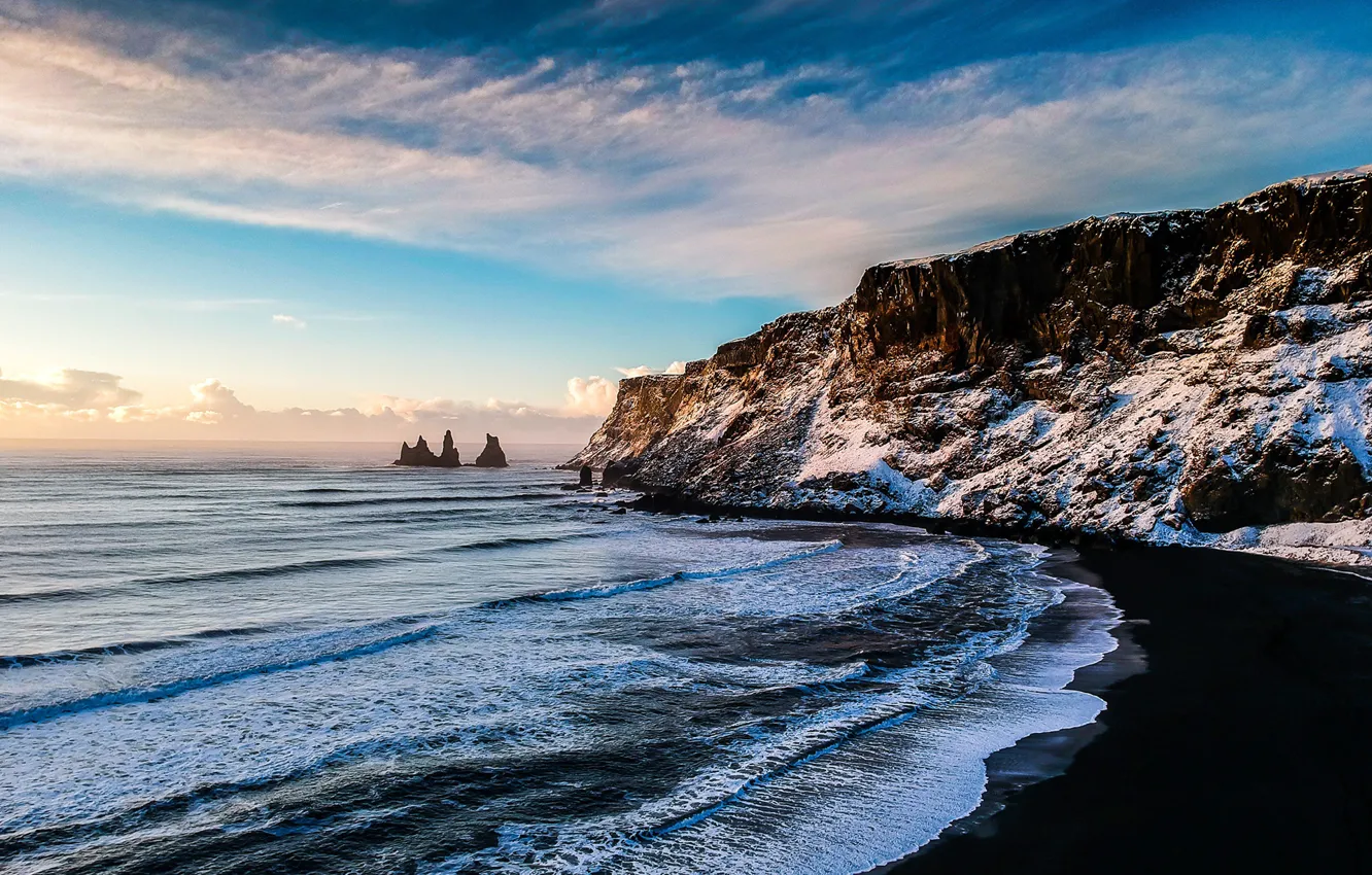 Photo wallpaper sea, the sky, the sun, clouds, snow, rocks, dawn, coast