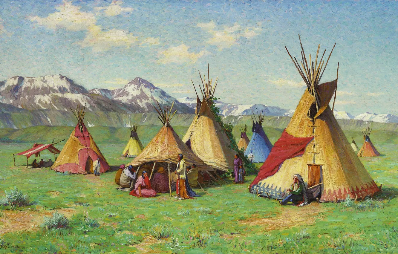 Photo wallpaper mountains, housing, Indian, Joseph Henry Sharp, The Medicine Teepee