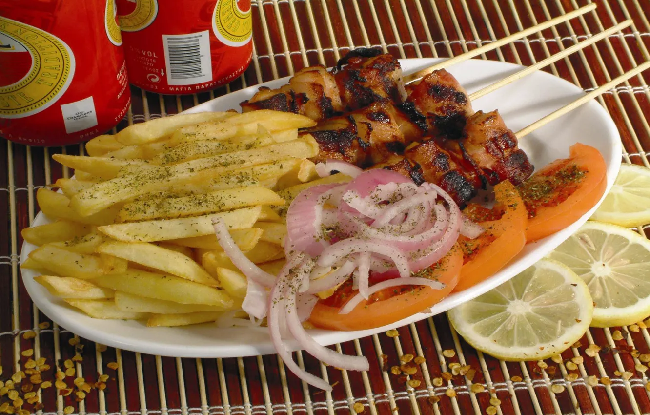 Photo wallpaper lemon, bow, meat, kebab, French fries
