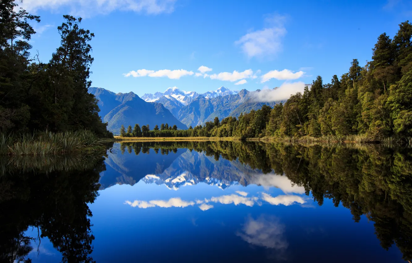 Photo wallpaper forest, mountains, lake, reflection, New Zealand, New Zealand, Lake Matheson, Southern Alps