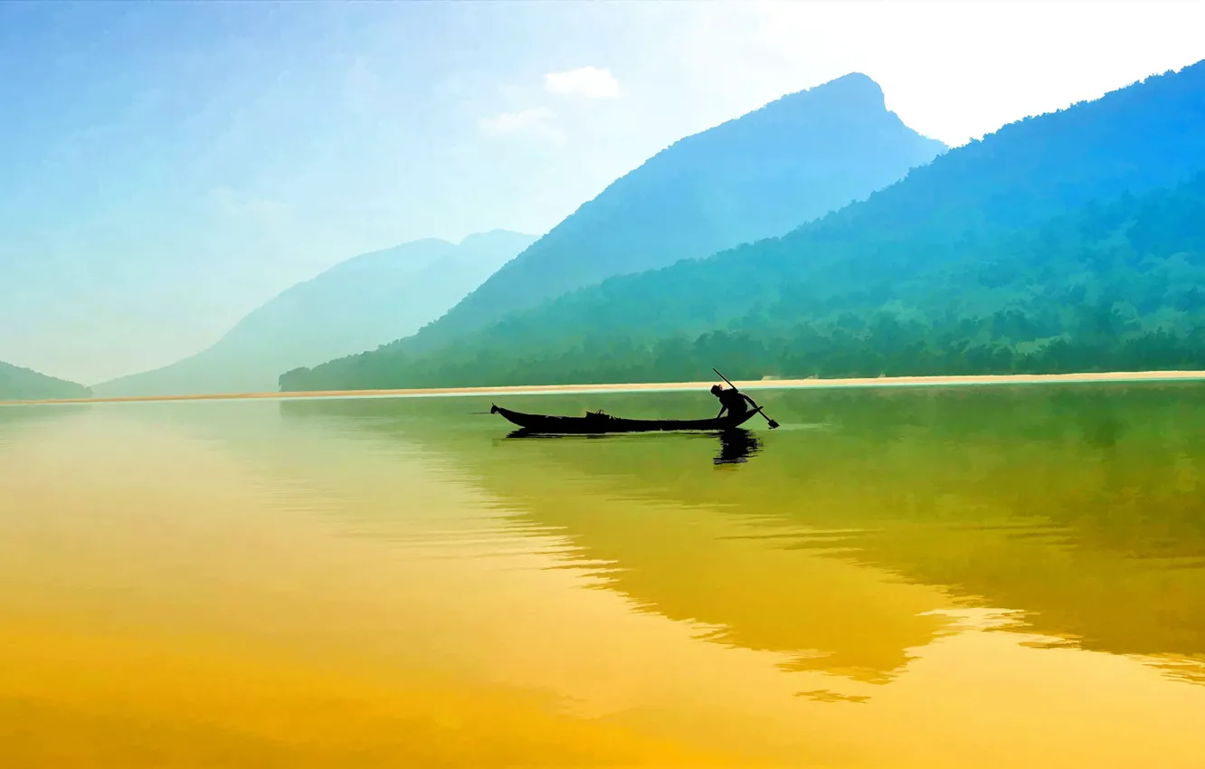 Photo wallpaper the sky, mountains, lake, reflection, boat