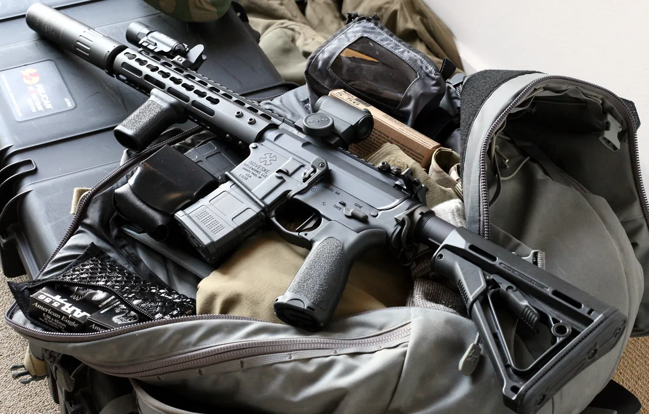 Photo wallpaper weapons, optics, bag, assault rifle