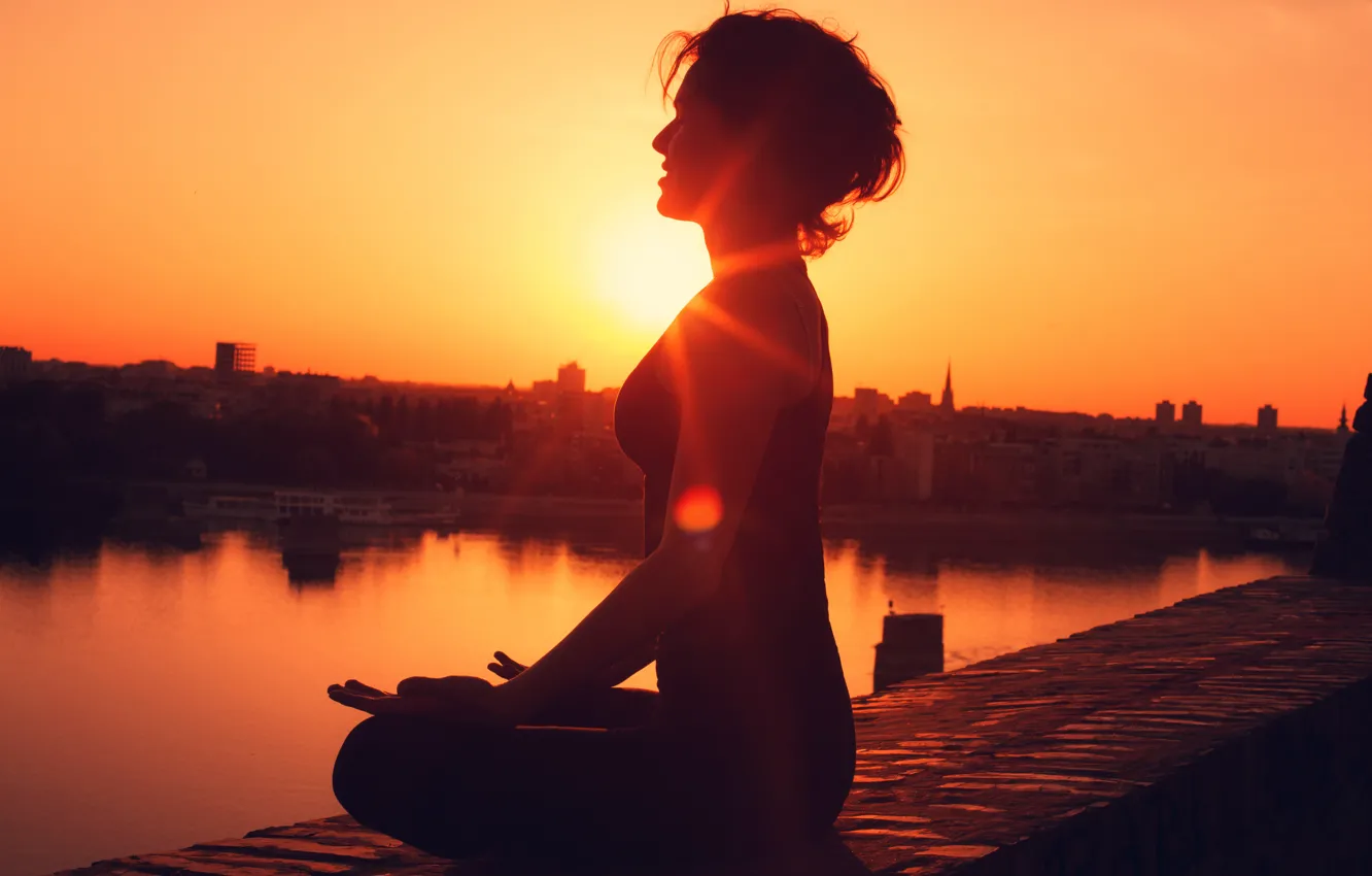 Photo wallpaper woman, sunset, pose, yoga