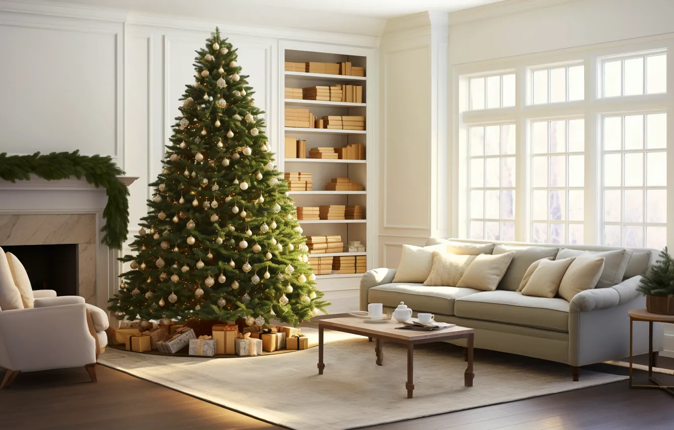 Photo wallpaper decoration, house, room, balls, tree, interior, New Year, Christmas