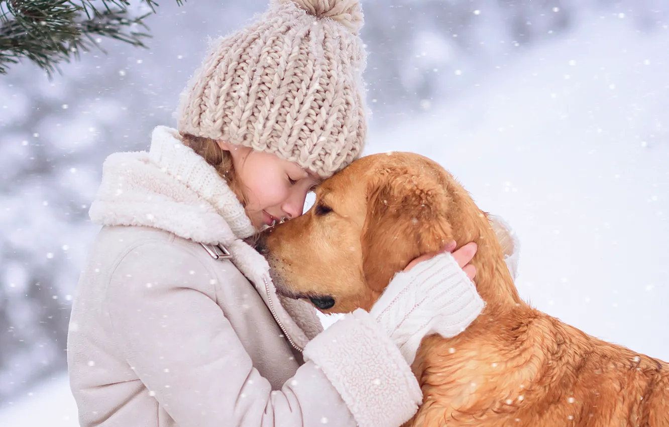 Photo wallpaper winter, snow, dog, girl, friends, dog, teen, Victoria Dubrovskaya