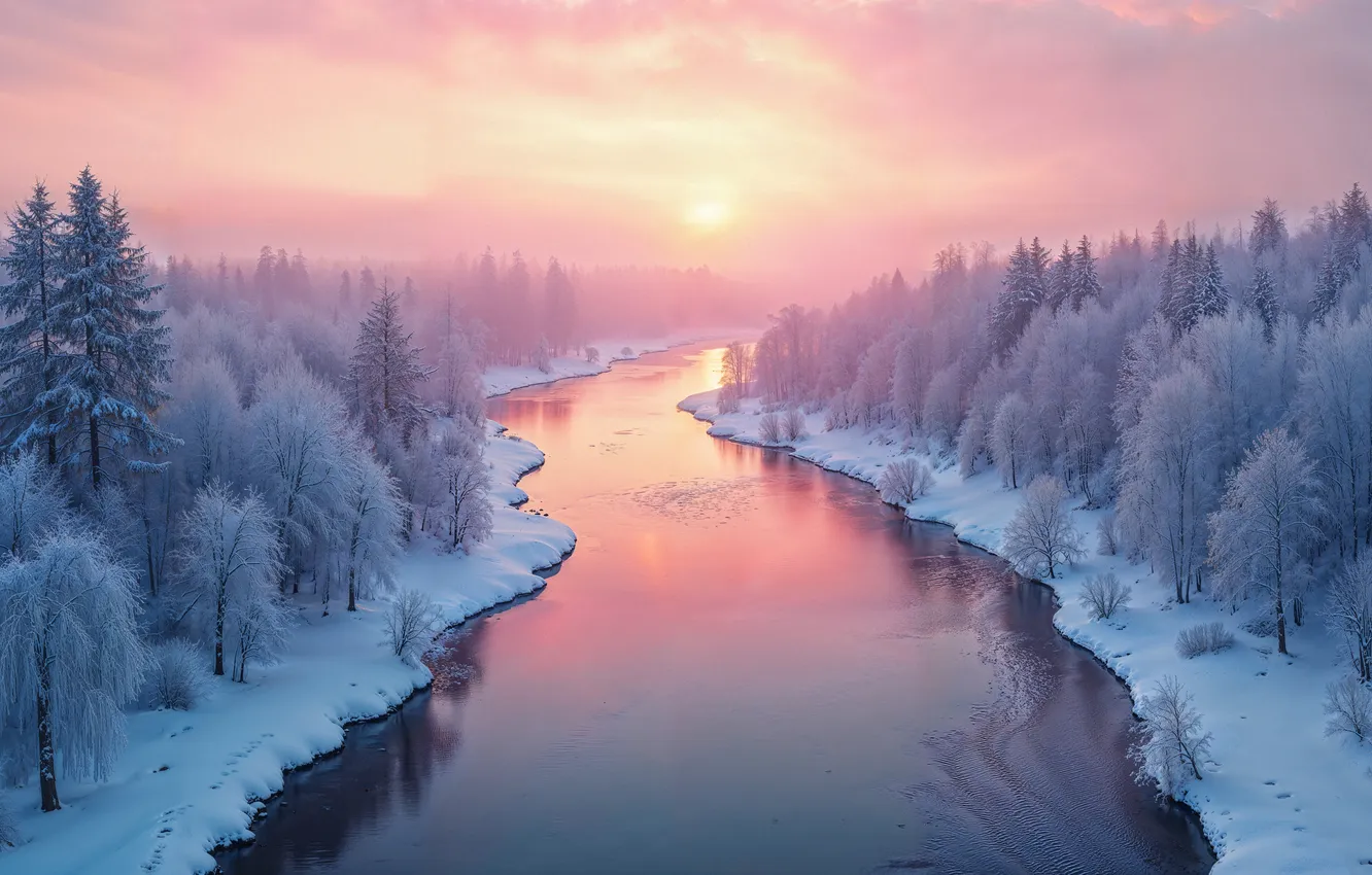 Photo wallpaper winter, forest, snow, trees, nature, river, forest, nature