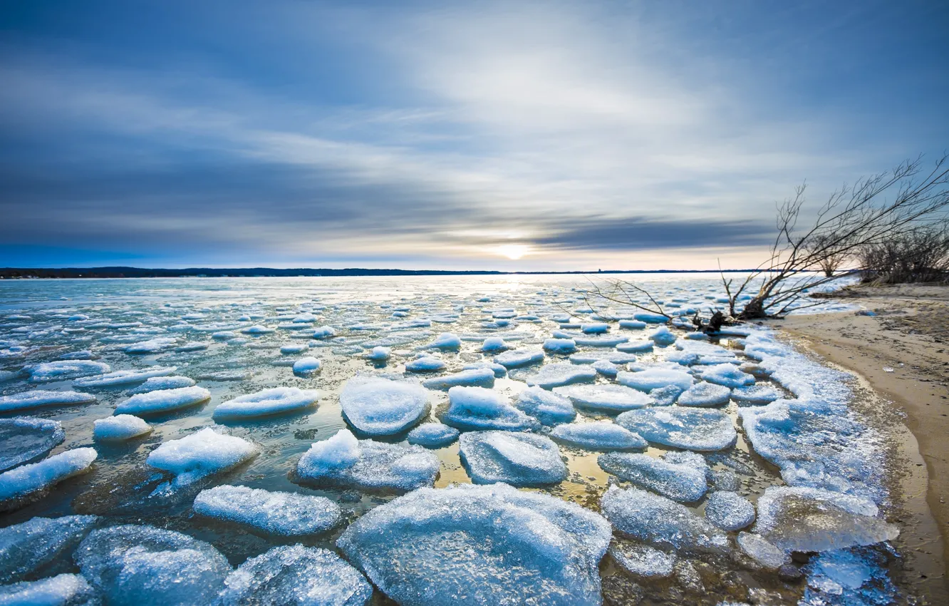 Photo wallpaper ice, winter, the sky, the sun, clouds, snow, branches, nature
