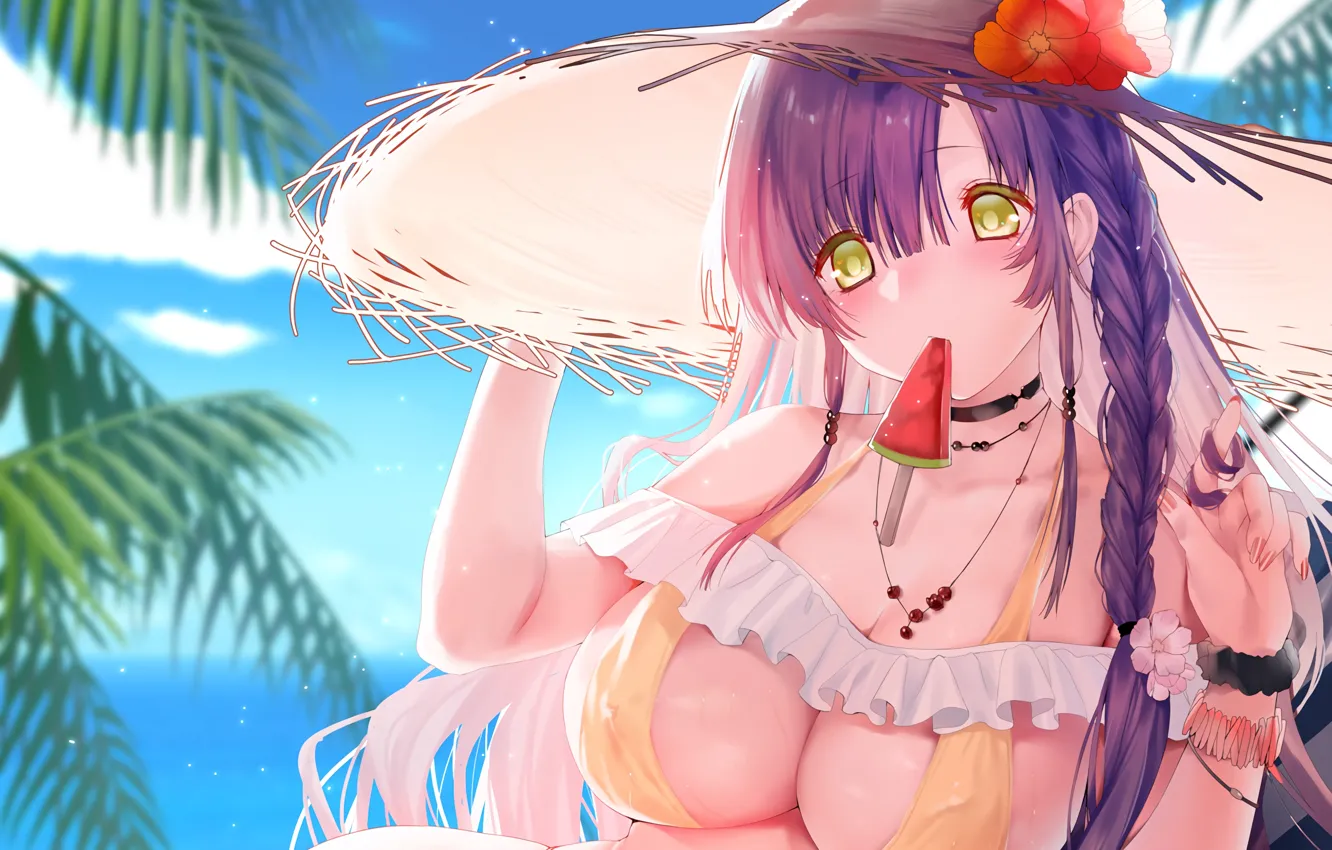 Photo wallpaper girl, sexy, cleavage, sky, long hair, sea, hat, boobs