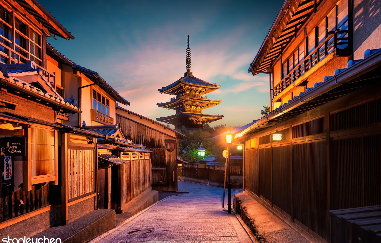 Photo wallpaper sunset, the city, street, home, Japan, architecture, Kyoto