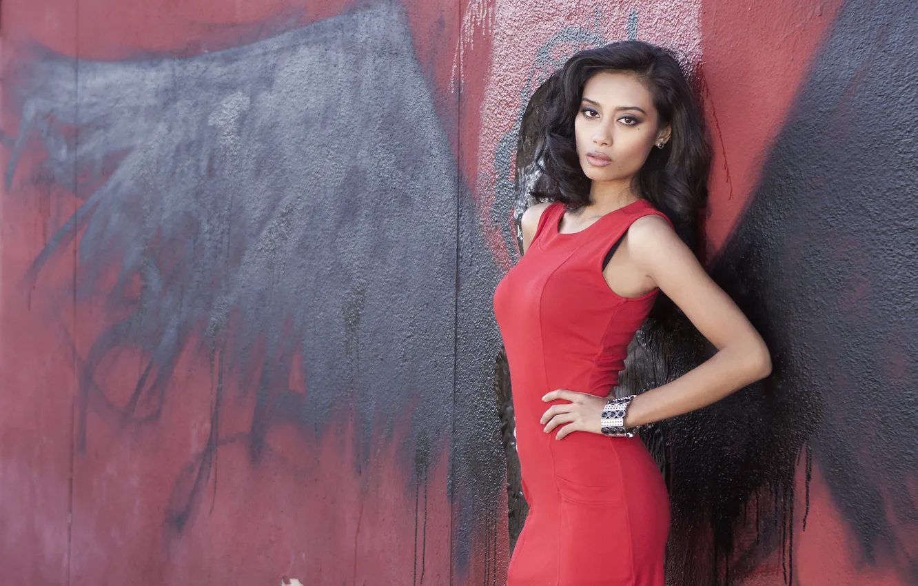 Photo wallpaper wall, graffiti, bracelet, red dress