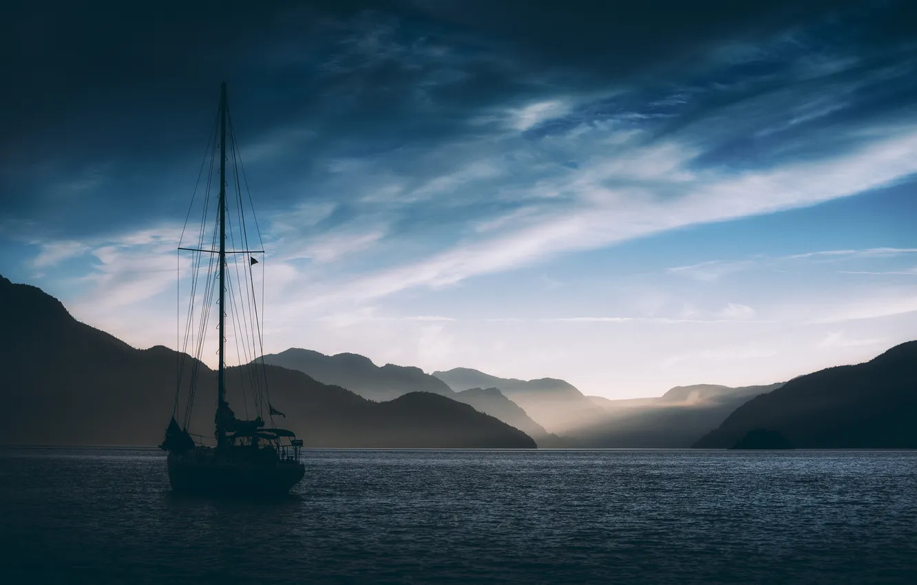 Photo wallpaper sea, the sky, landscape, mountains, clouds, yacht
