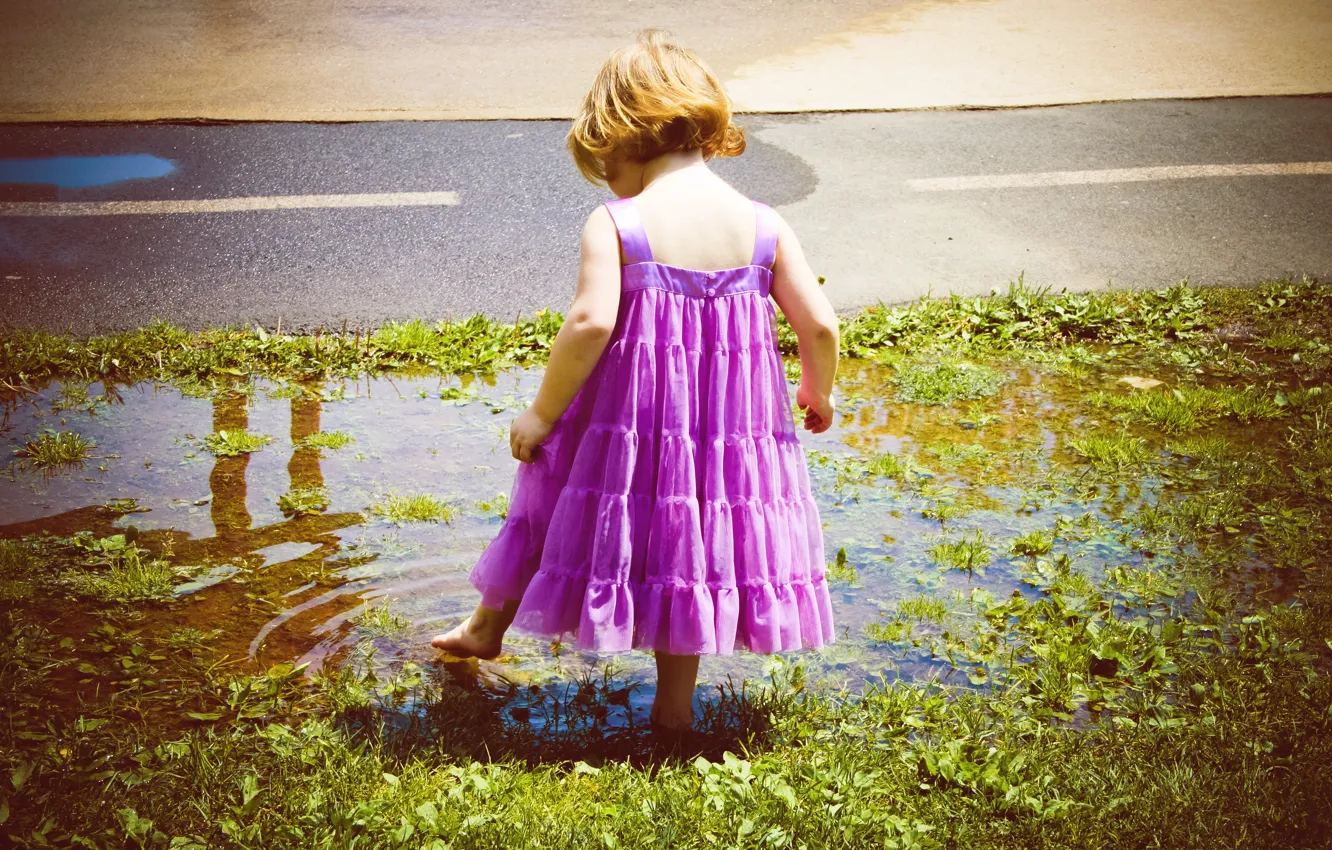 Photo wallpaper child, dress, puddle, girl